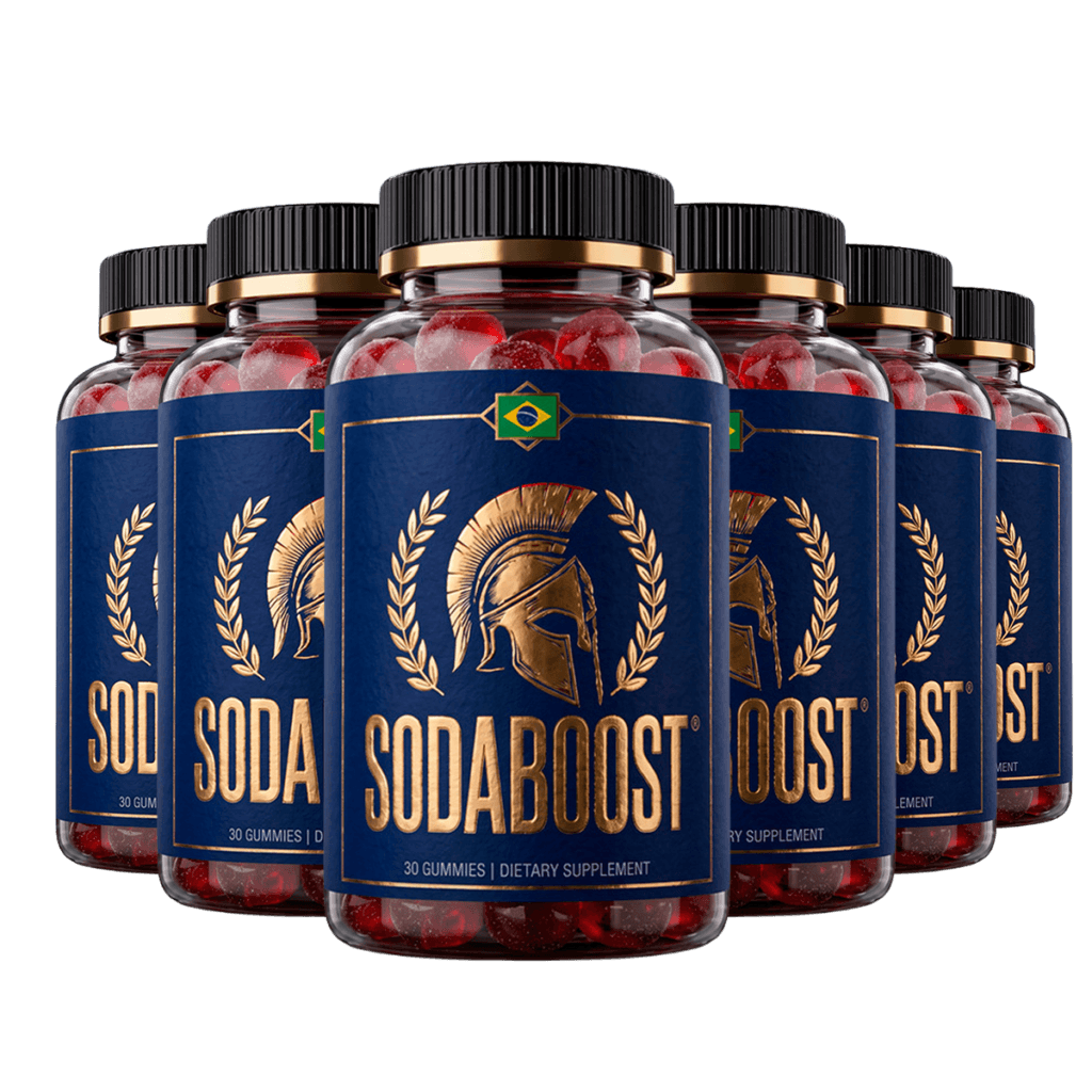 Photorealistic product shot of six clear supplement bottles of red-orange gummy candies with navy la