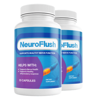 Two NeuroFlush supplement bottles blue white label nerve health 30 capsules, product photography, tr