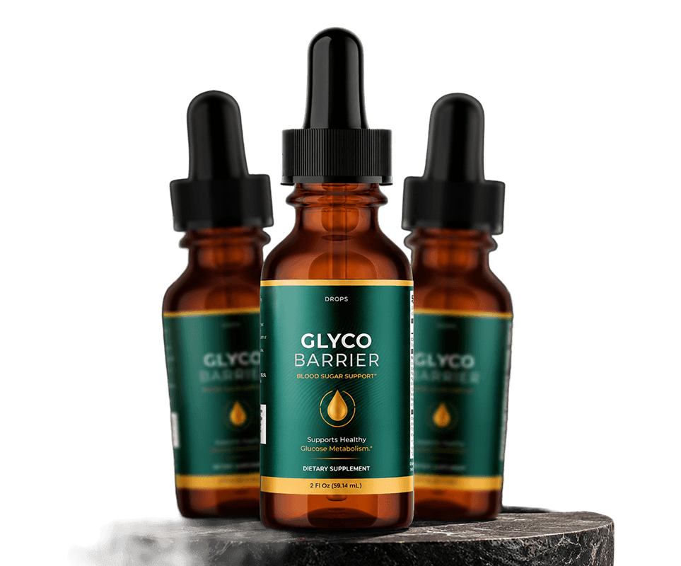 Studio product photograph of three amber glass dropper bottles with black droppers, dark forest gree