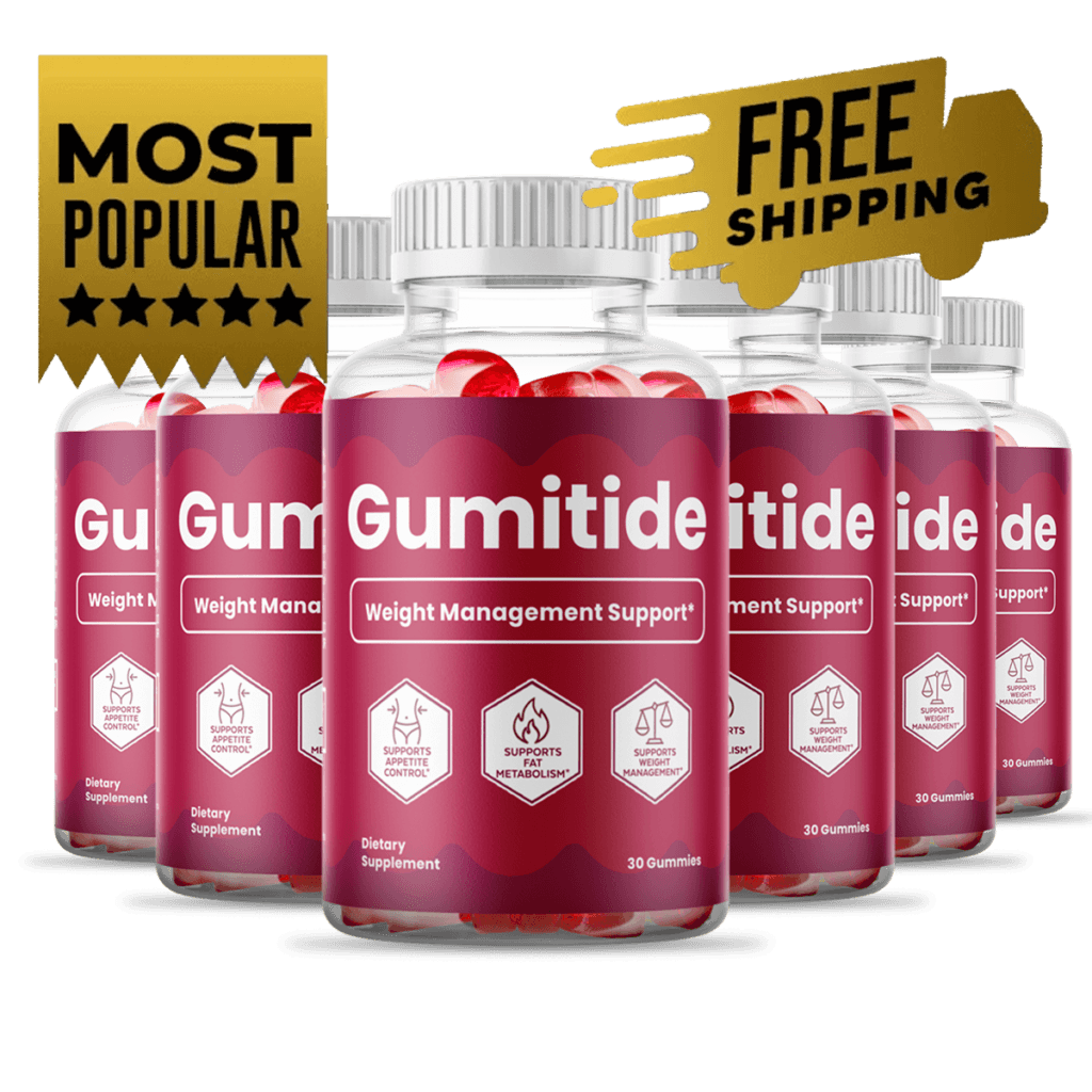 six maroon red Gumitide weight management supplement gummy bottles with white caps arranged in a bun