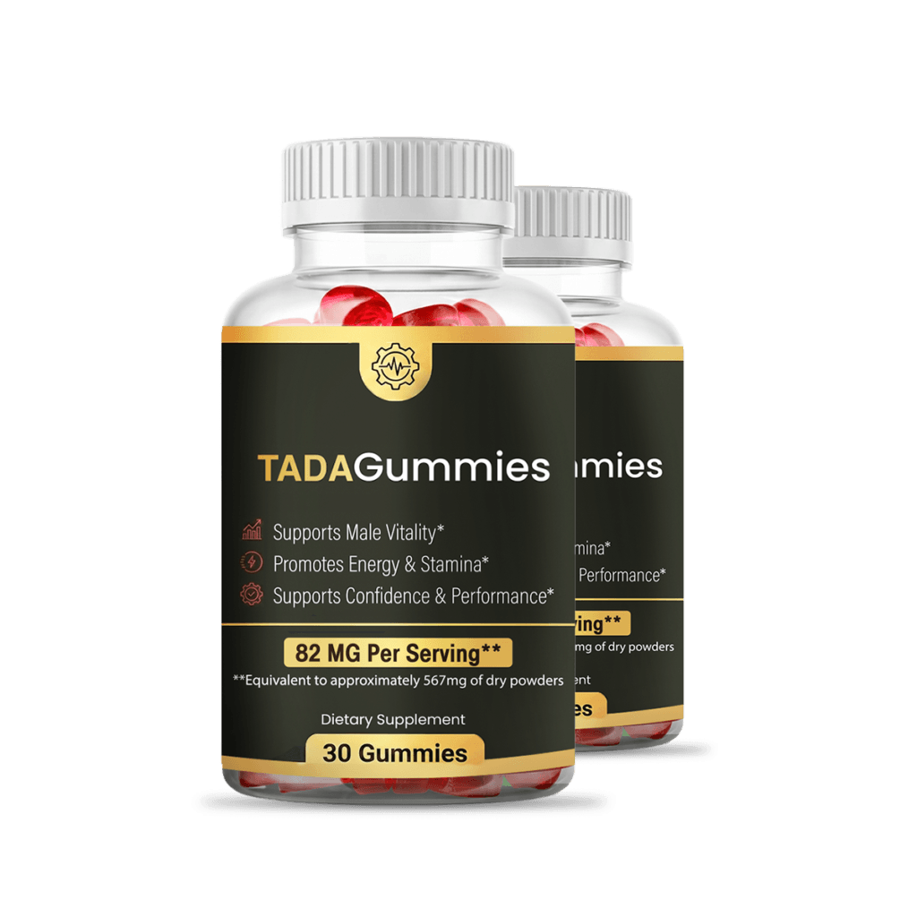 two bottles of TadaGummies supplement bundled together, black and gold labels, basic offer kit, prod