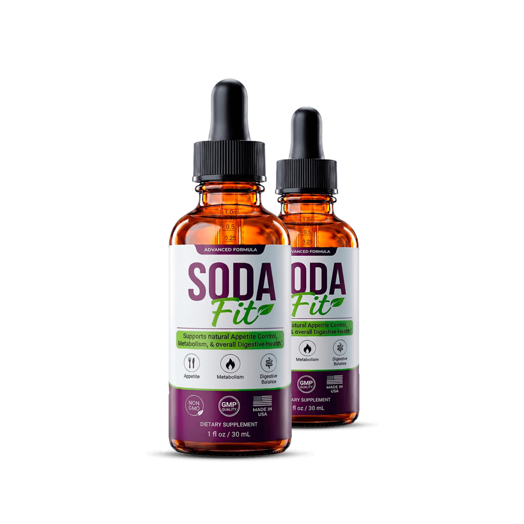 two SodaFit supplement bottles standing side by side, plum purple and sage green label, studio produ