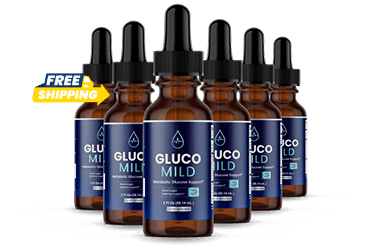 Six Gluco Mild amber dropper bottles with royal blue labels