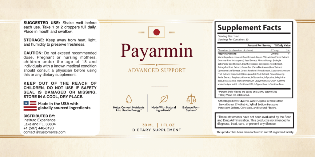 Single amber glass dropper bottle of Payarmin Advanced Support supplement on a dark burgundy backgro