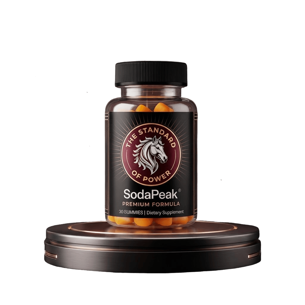SodaPeak Gummies bottle standing upright on a clean neutral background, studio product photography,