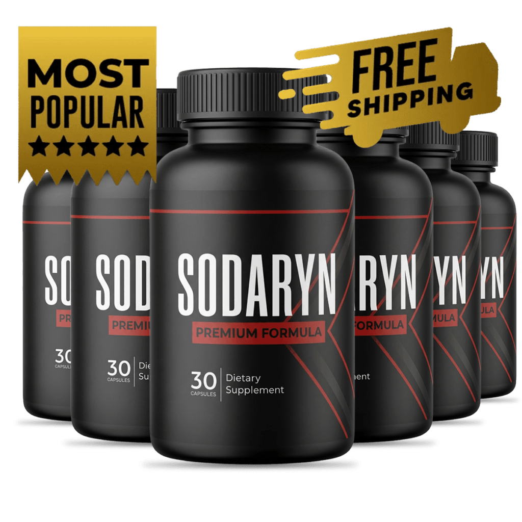 six black SODARYN supplement bottles arranged together in a group, studio product photography, dark 