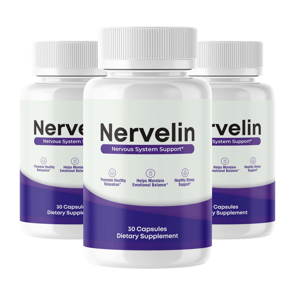 photorealistic single white supplement bottle with purple gradient wave label reading Nervelin Nervo