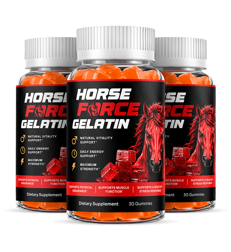 three bottles of Horse Force Gelatin gummy supplement, black label with red horse logo, orange gummi