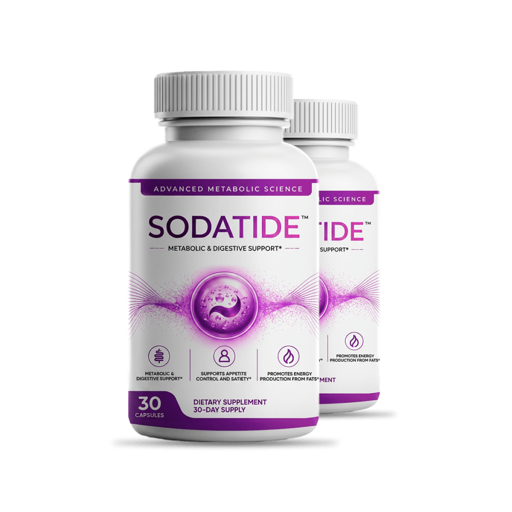 two white supplement bottles with purple Soda Tide labels side by side, product photography on white 
