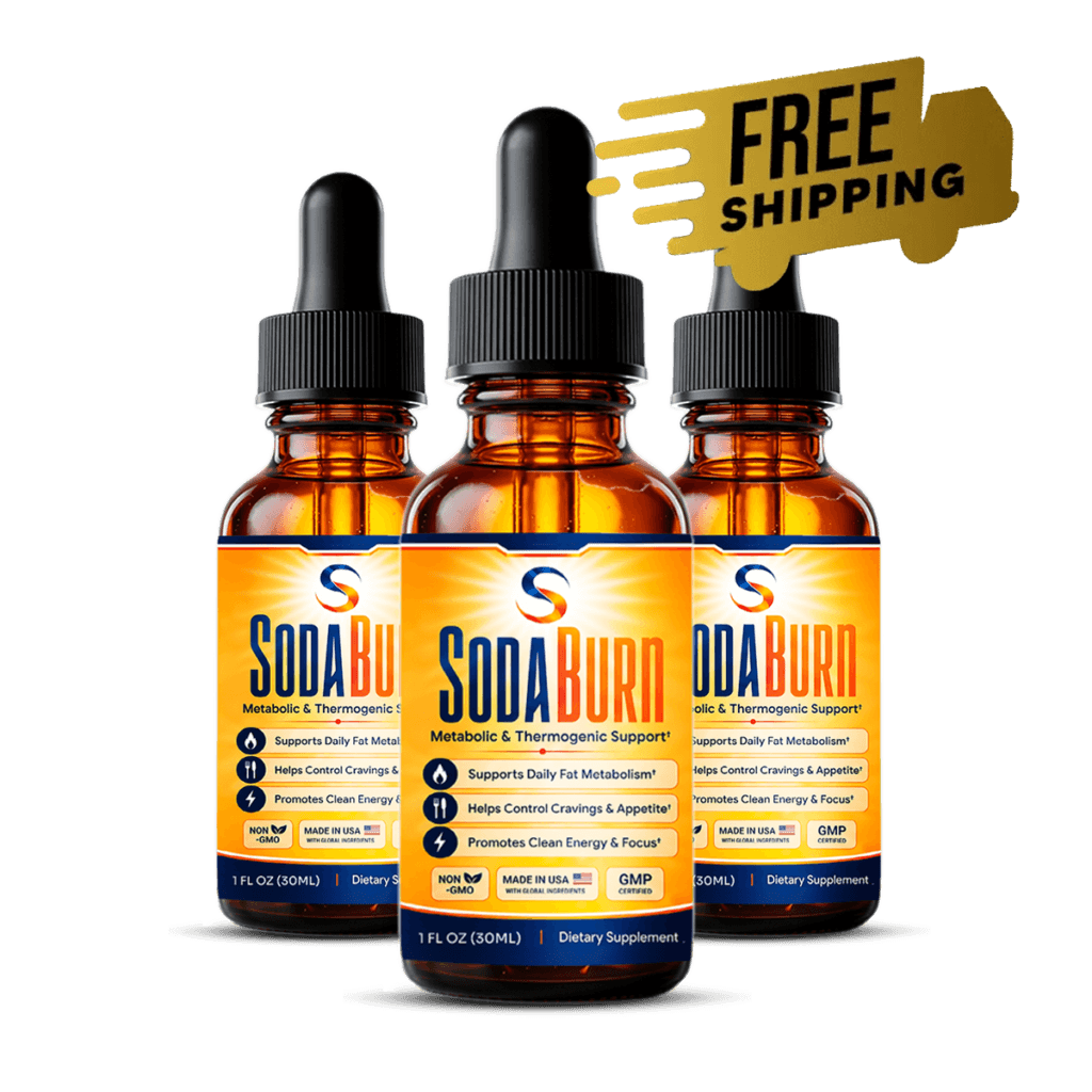 three SodaBurn supplement dropper bottles arranged together as a bundle, orange and navy label, whit