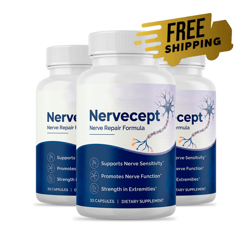 Three Nervecept supplement bottles grouped together bundle, navy blue and white, FREE SHIPPING badge