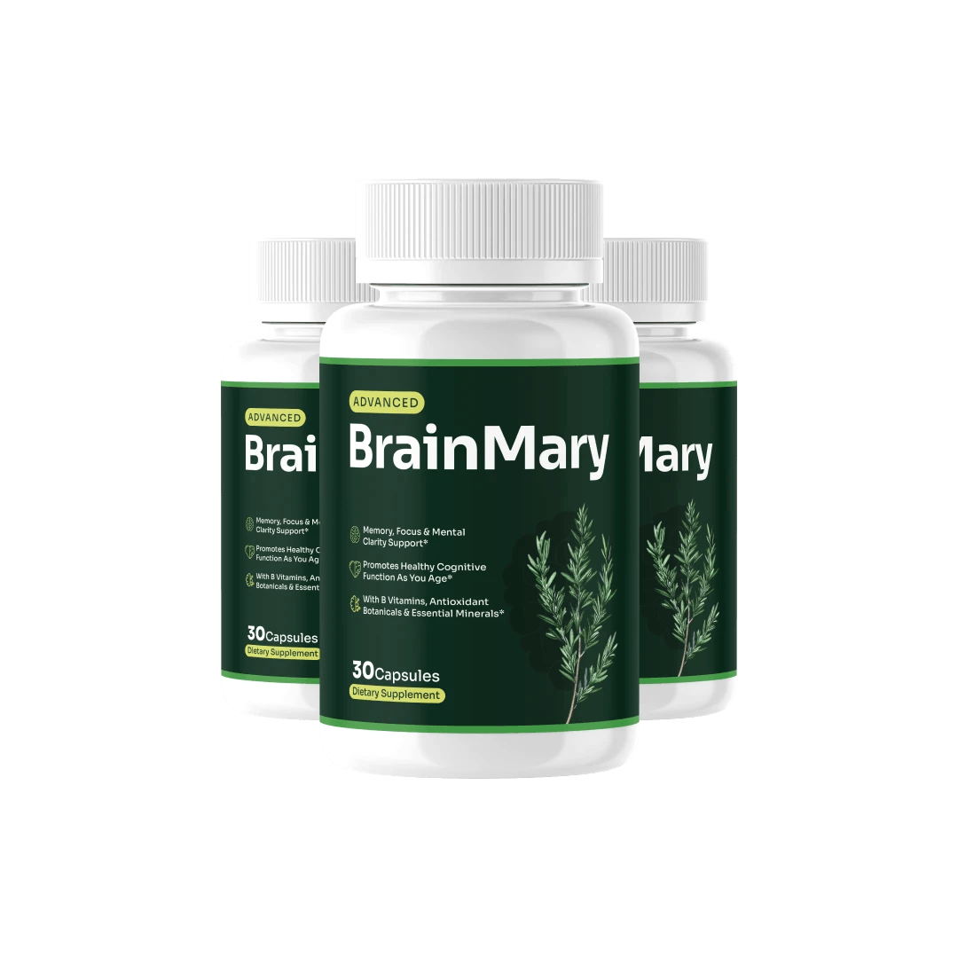 three dark forest-green BrainMary supplement bottles clustered together on a white background, studi