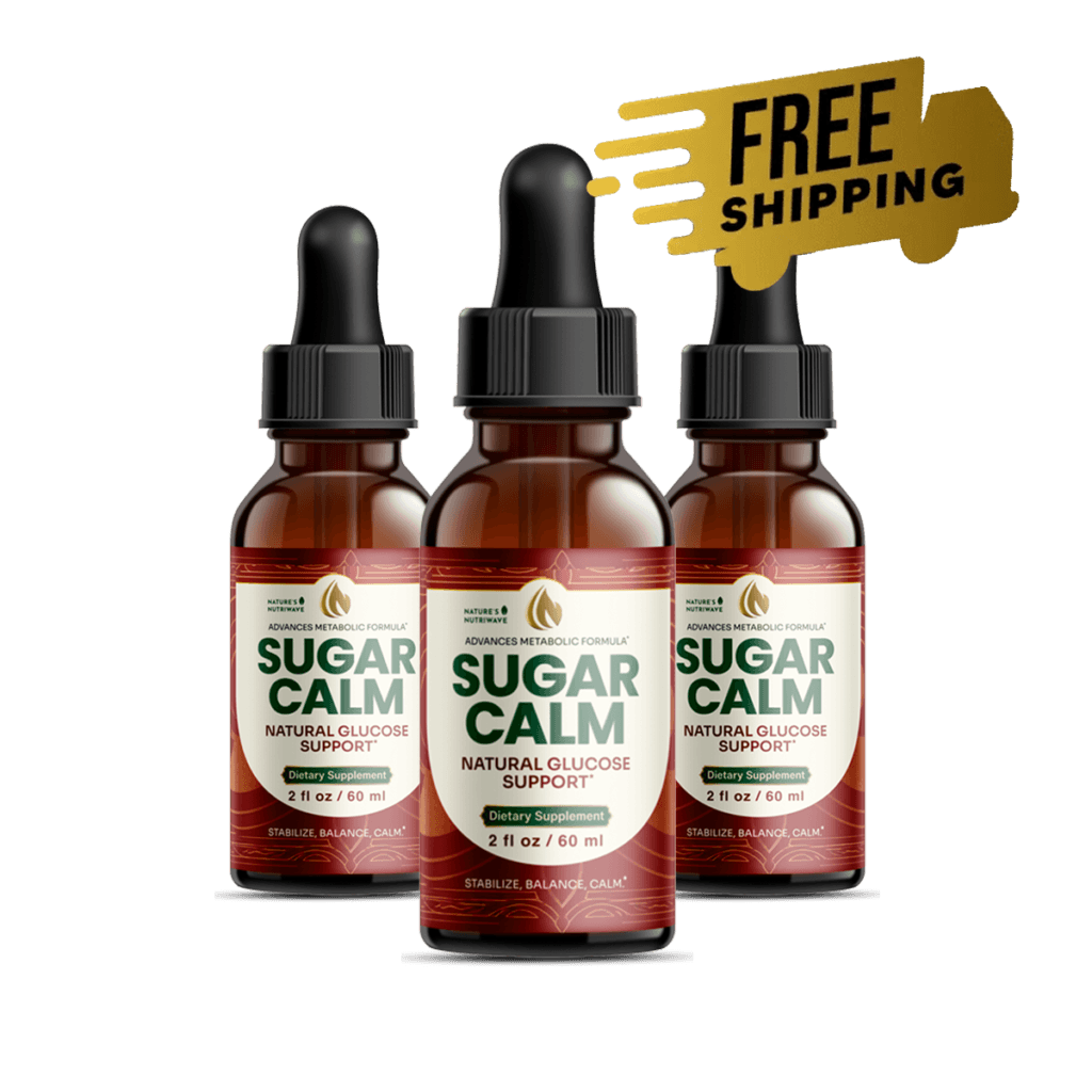 three amber glass dropper bottles of SugarCalm supplement arranged in a row, clean product shot on l