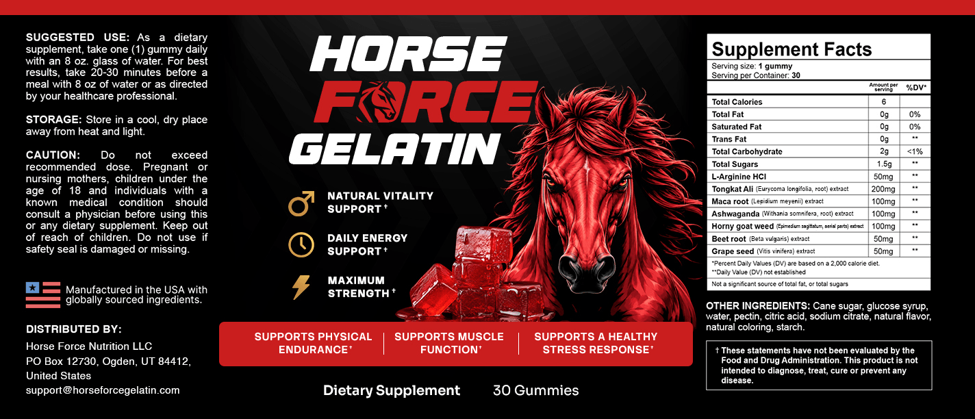 single bottle of Horse Force Gelatin gummy supplement, black label with red horse logo, orange gummi