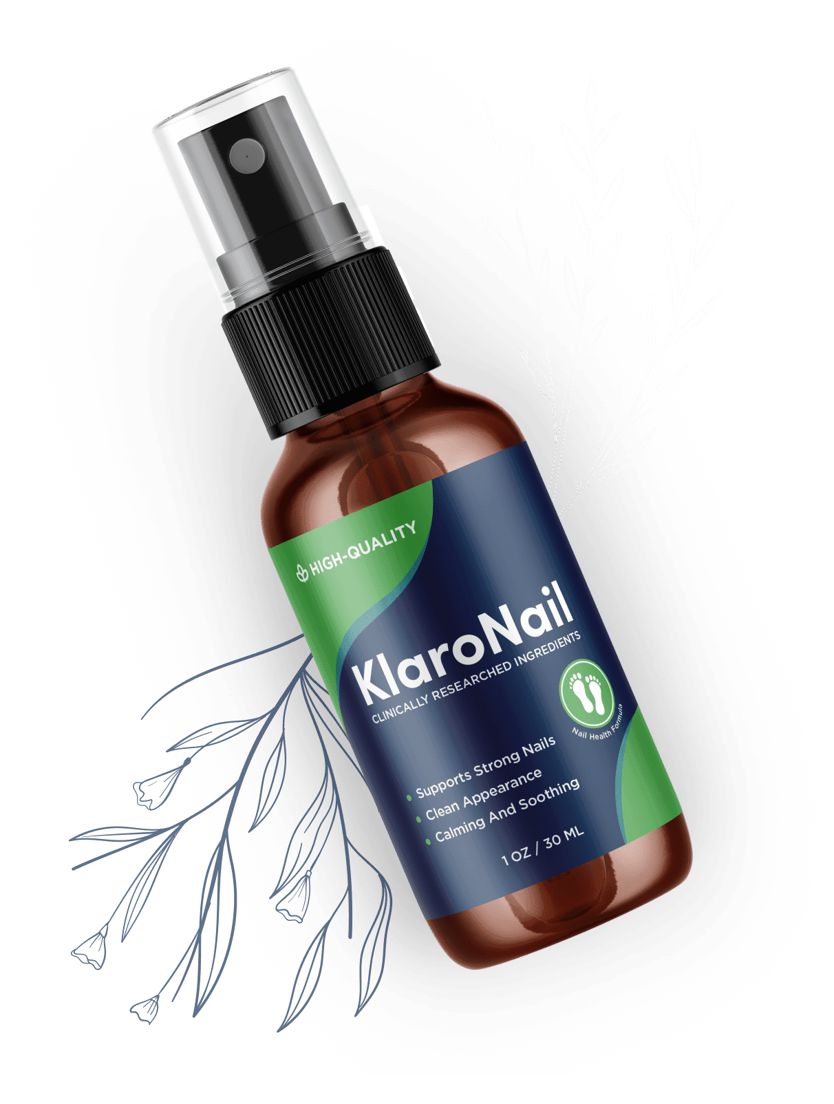Premium amber glass spray bottle labeled KlaroNail with black spray cap, navy and green diagonal swo