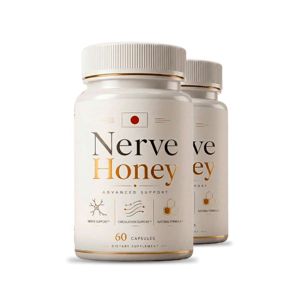 two supplement bottles labeled Nerve Honey side by side, white and gold label, studio product shot o