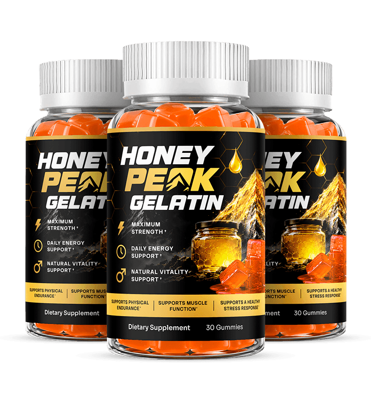 three Honey Peak Gelatin supplement gummy jars arranged in a triangle formation, black and gold labe