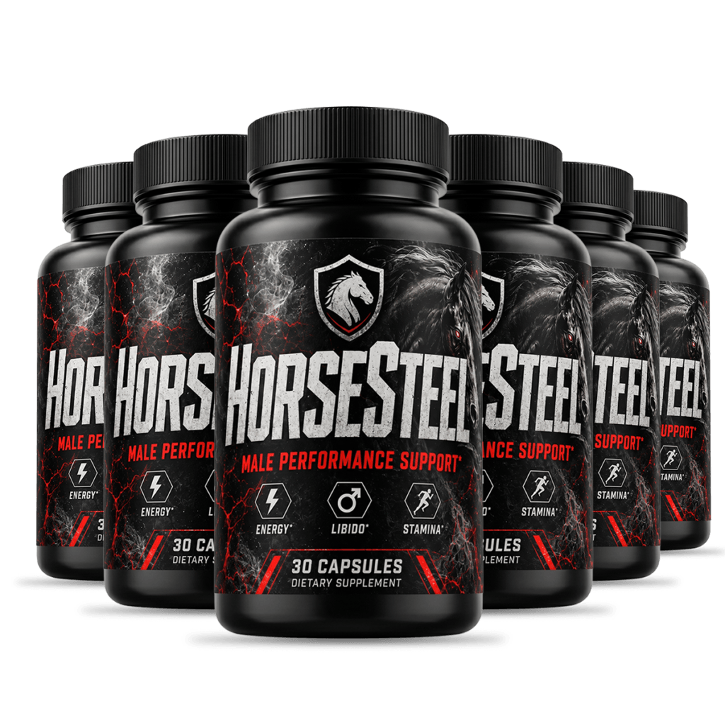 six HorseSteel male performance supplement bottles grouped together, dark matte black bottles with r
