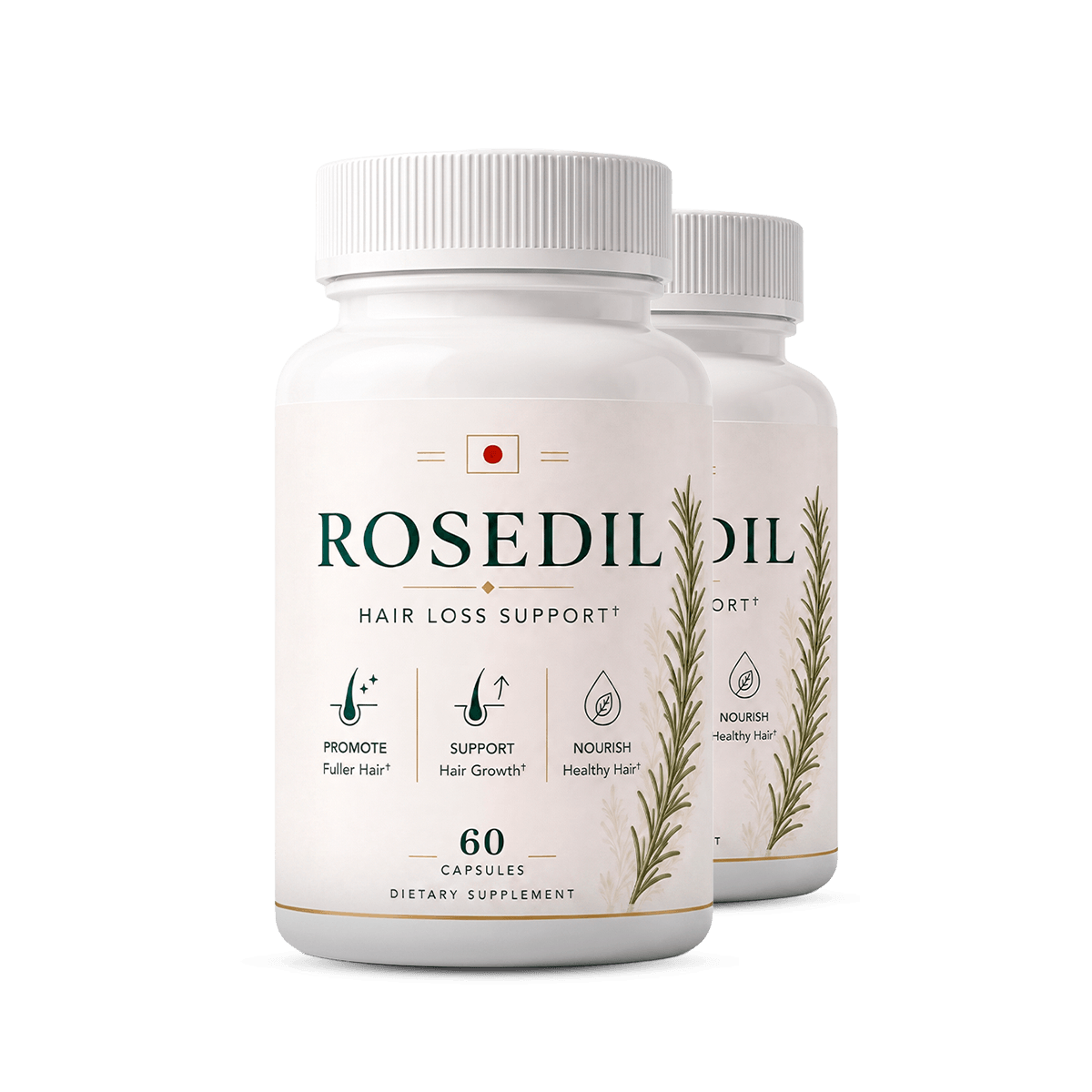 Single elegant supplement bottle labeled ROSEDIL, dark forest-green bottle with tan and gold label, 