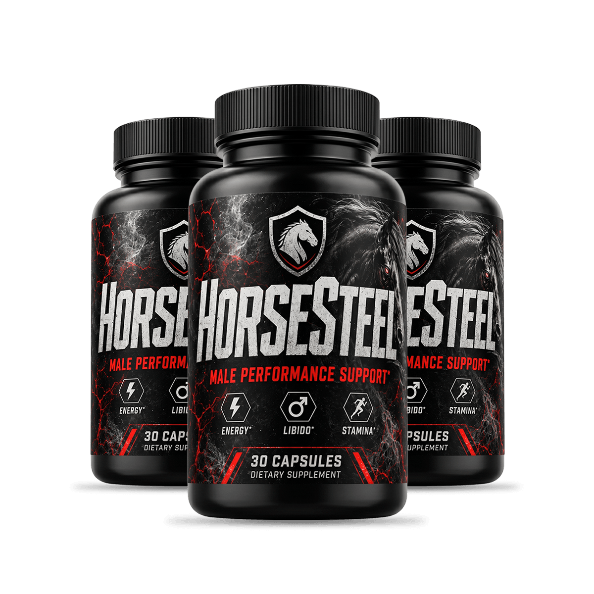 three HorseSteel male performance supplement bottles grouped, dark matte black bottles with red and