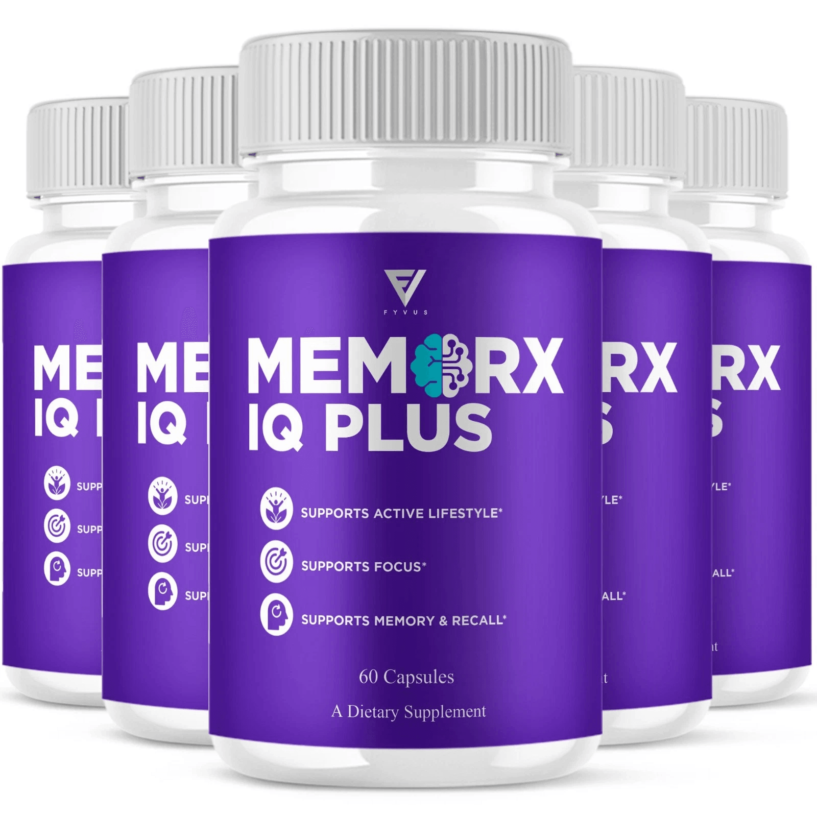 six MemoRx IQ Plus supplement bottles arranged together, purple and white label, studio product shot