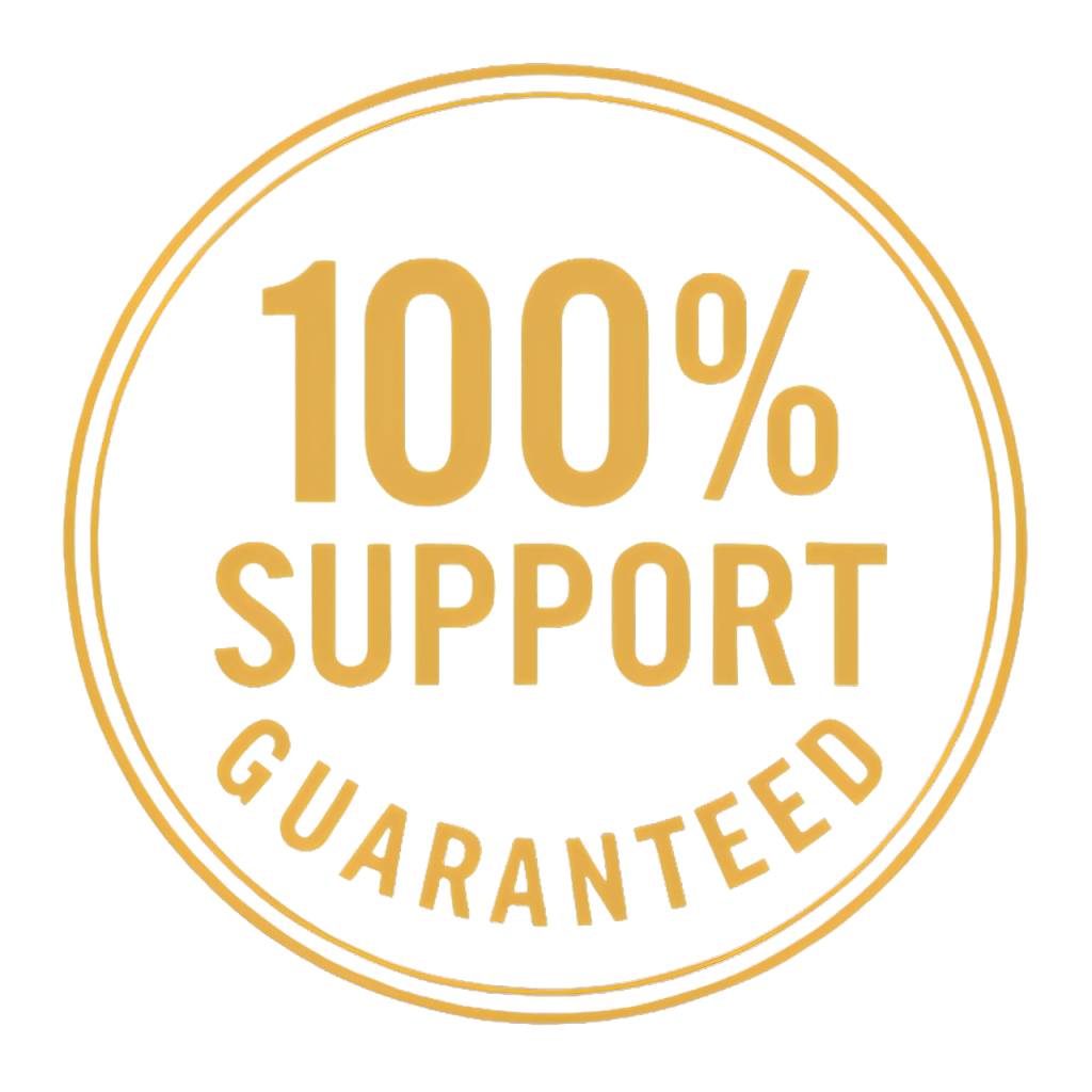 circular guarantee seal badge graphic, deep purple and silver ribbon design, text style ring reading