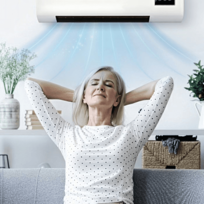 High contrast lifestyle split photo: Left side has cool blue lighting with a woman feeling refreshed