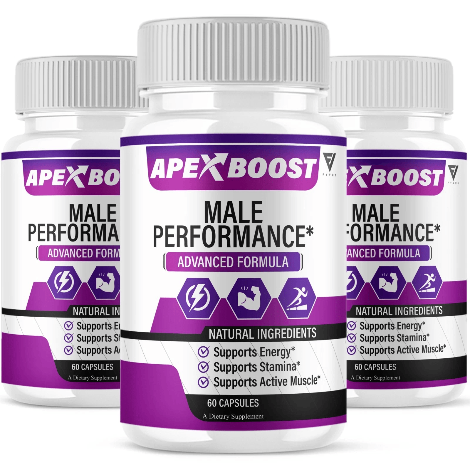 Apex Boost Male Enhancement capsule bottle — front label showing Male Performance Advanced Formula, 60 capsules