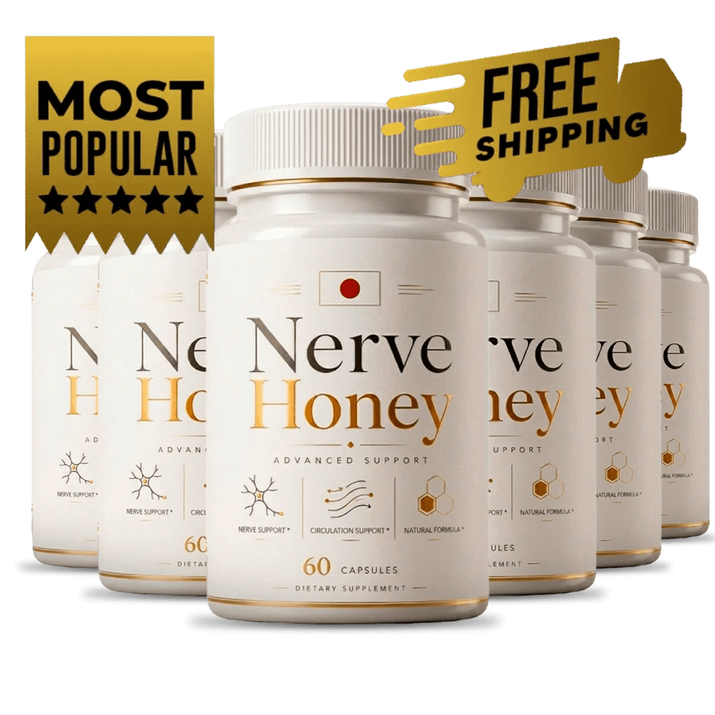 six supplement bottles labeled Nerve Honey arranged together, white and gold label, studio product s