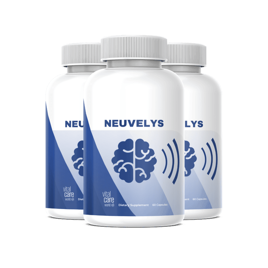 three white supplement bottles Neuvelys blue label brain sound wave logo 60 capsules Vital Care Worl
