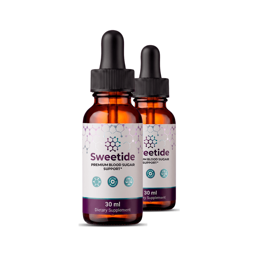 2 Sweetide amber glass dropper bottles with purple lavender label blood sugar support supplement, cl