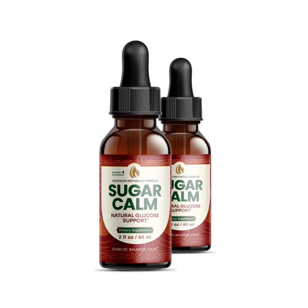 two amber glass dropper bottles of SugarCalm supplement standing side by side, clean product shot on