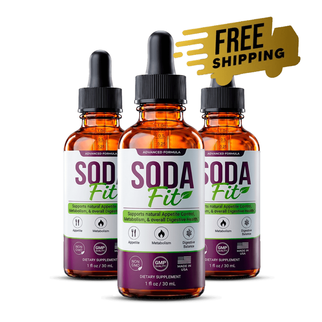 three amber glass dropper bottles labeled SODA Fit dietary supplement bundled together, product phot