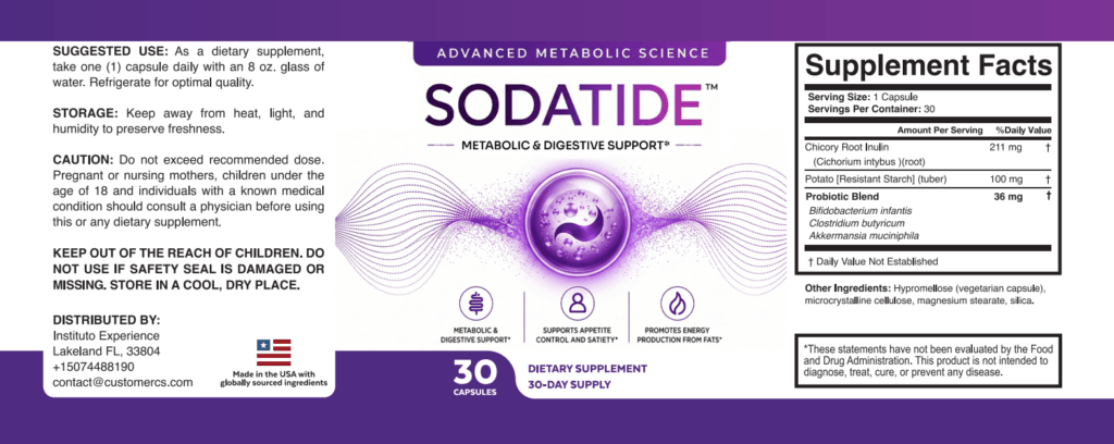 Sodatide dietary supplement bottle, advanced metabolic science formula, 30-day supply