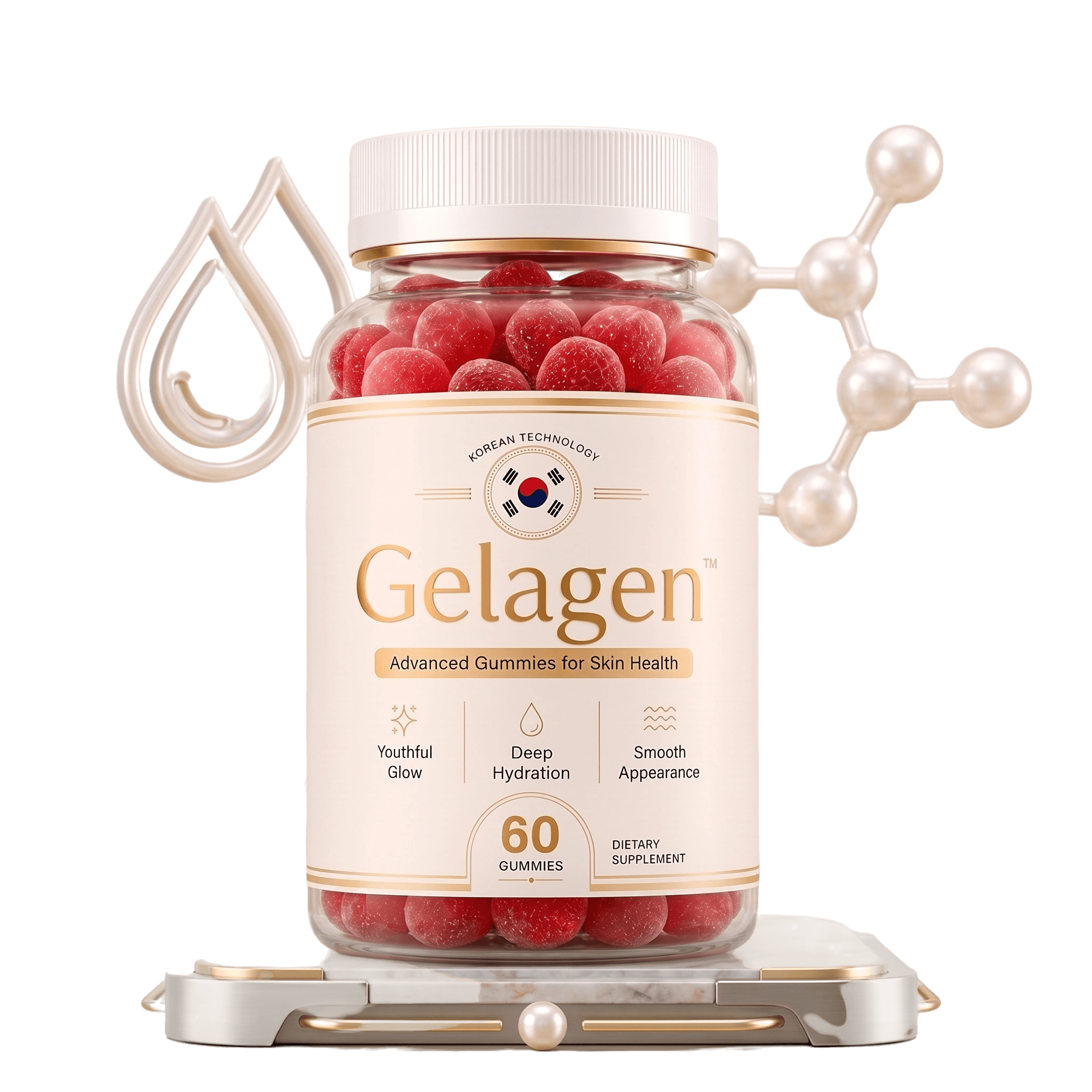 Premium beauty supplement gummy bottle, cream and gold label with Korean-inspired badge, red raspber