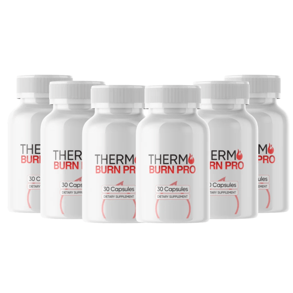 six white Thermo Burn Pro supplement bottles bundled in two rows, black and red label with flame ico