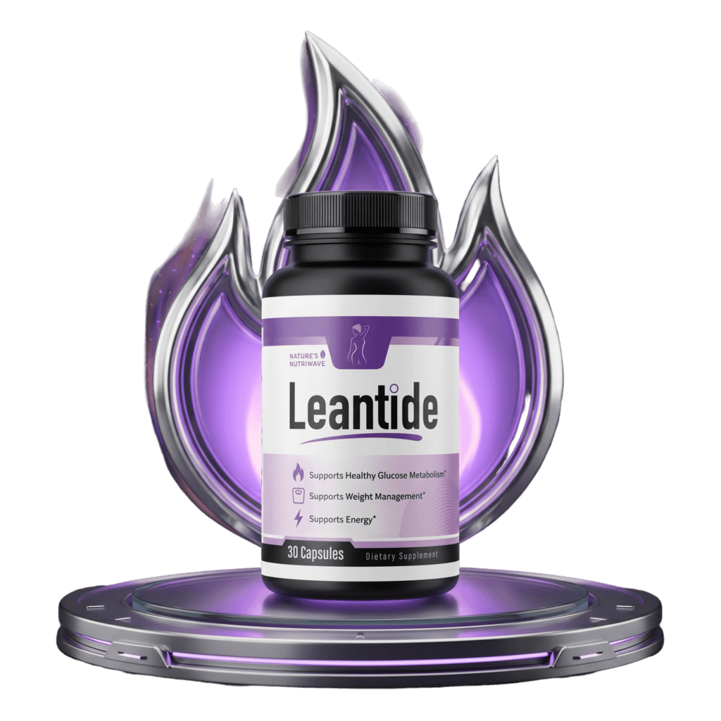 single black supplement bottle with a deep purple and lavender label reading 'Leantide', glowing pur