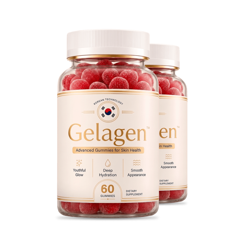 two beauty gummy supplement bottles side by side, cream and gold label, product photography on white