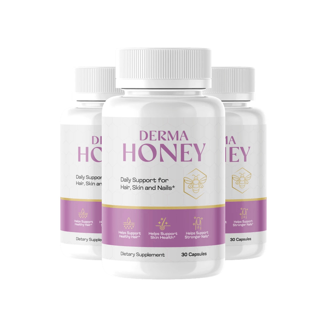 Premium white supplement bottle labeled DERMA HONEY with a mauve pink wordmark label, gold bee and h