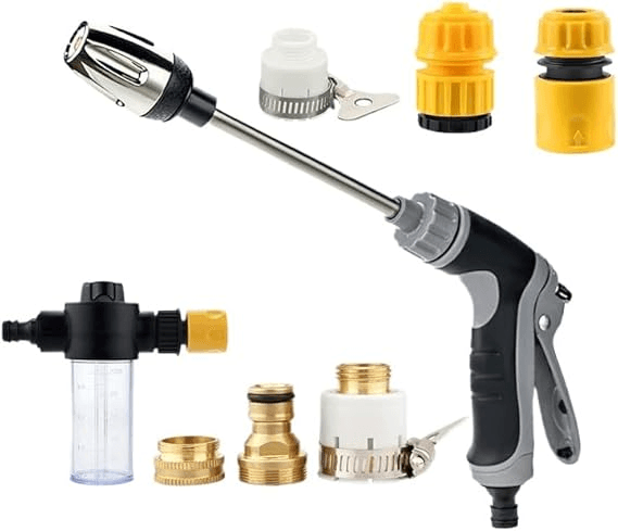 top-down layout of a pressure washer wand, brass nozzles, and black hose adapter arranged neatly on 
