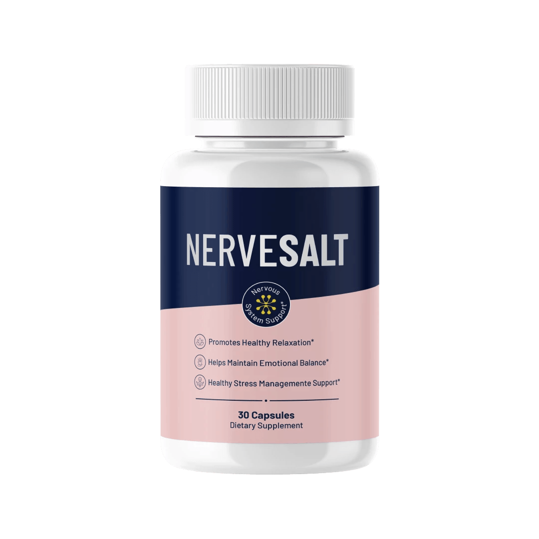 NerveSalt single bottle dietary supplement, navy blue and blush pink label, nervous system support,