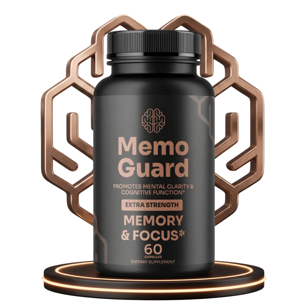 MemoGuard bottle, a dietary supplement capsule with L-Theanine, Bacopa Monnieri, Rhodiola Rosea, Panax Ginseng and BCAAs