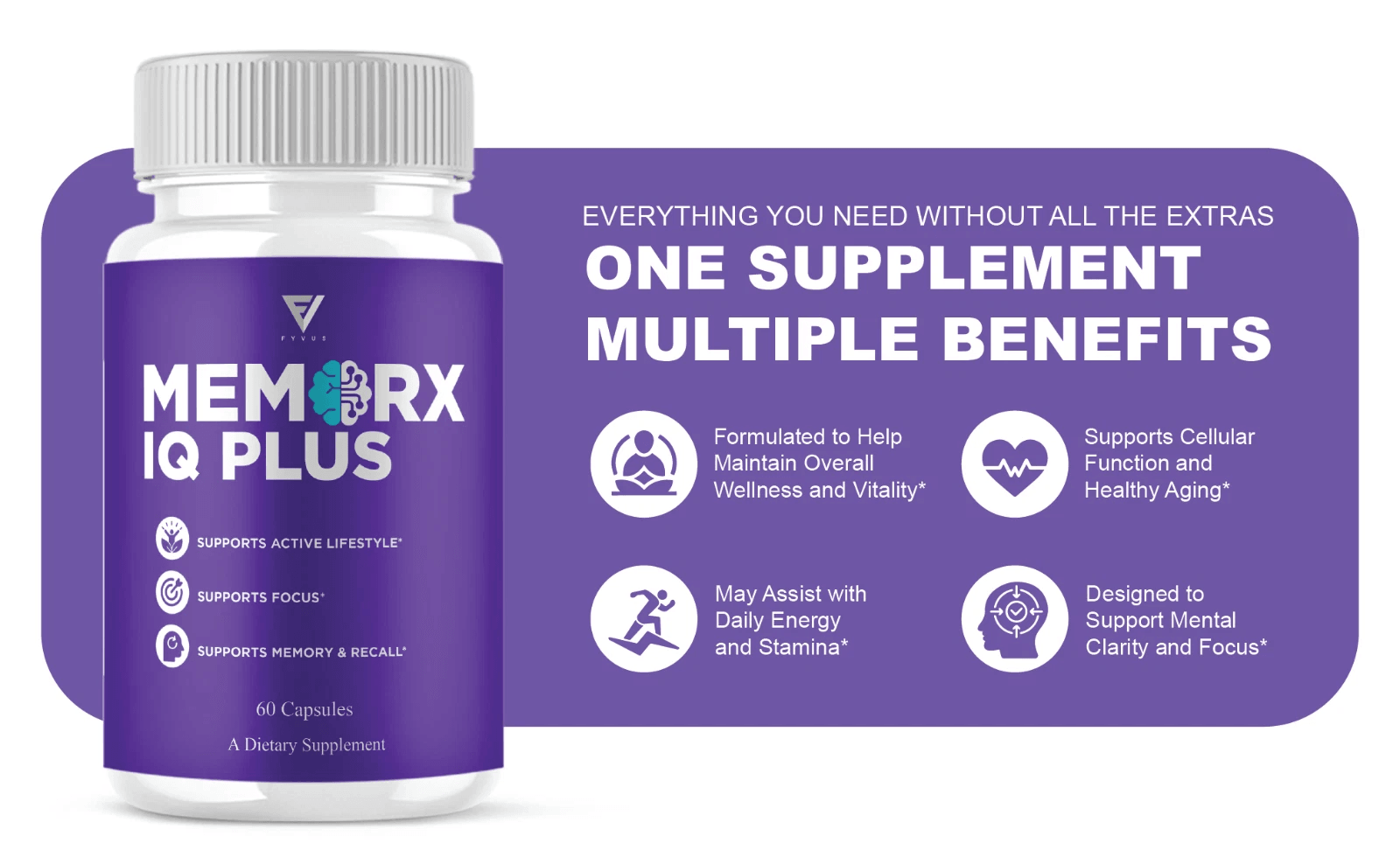 MemoRx IQ Plus capsule bottle on a kitchen counter as part of a morning routine, lifestyle in-use shot