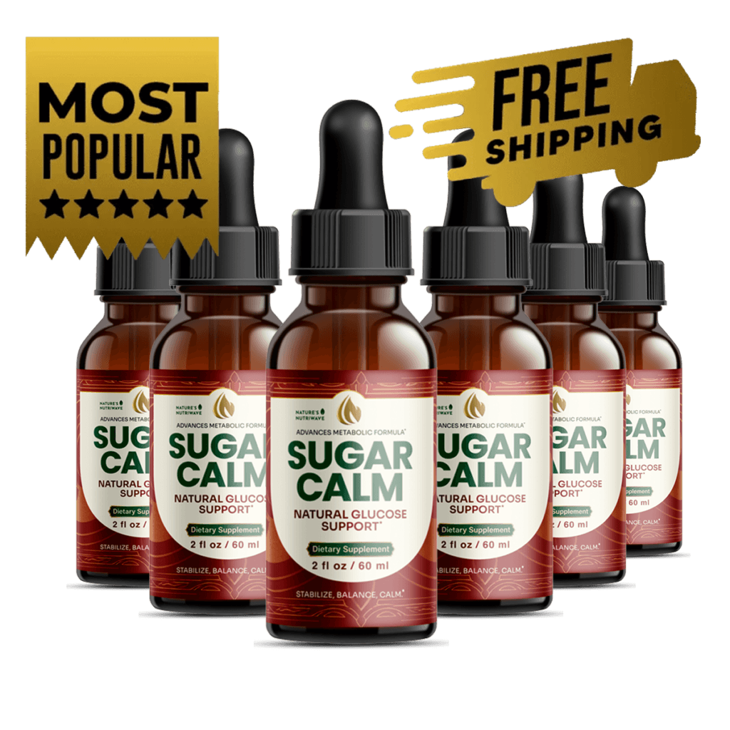 six amber glass dropper bottles of SugarCalm supplement arranged neatly in two rows, clean product s