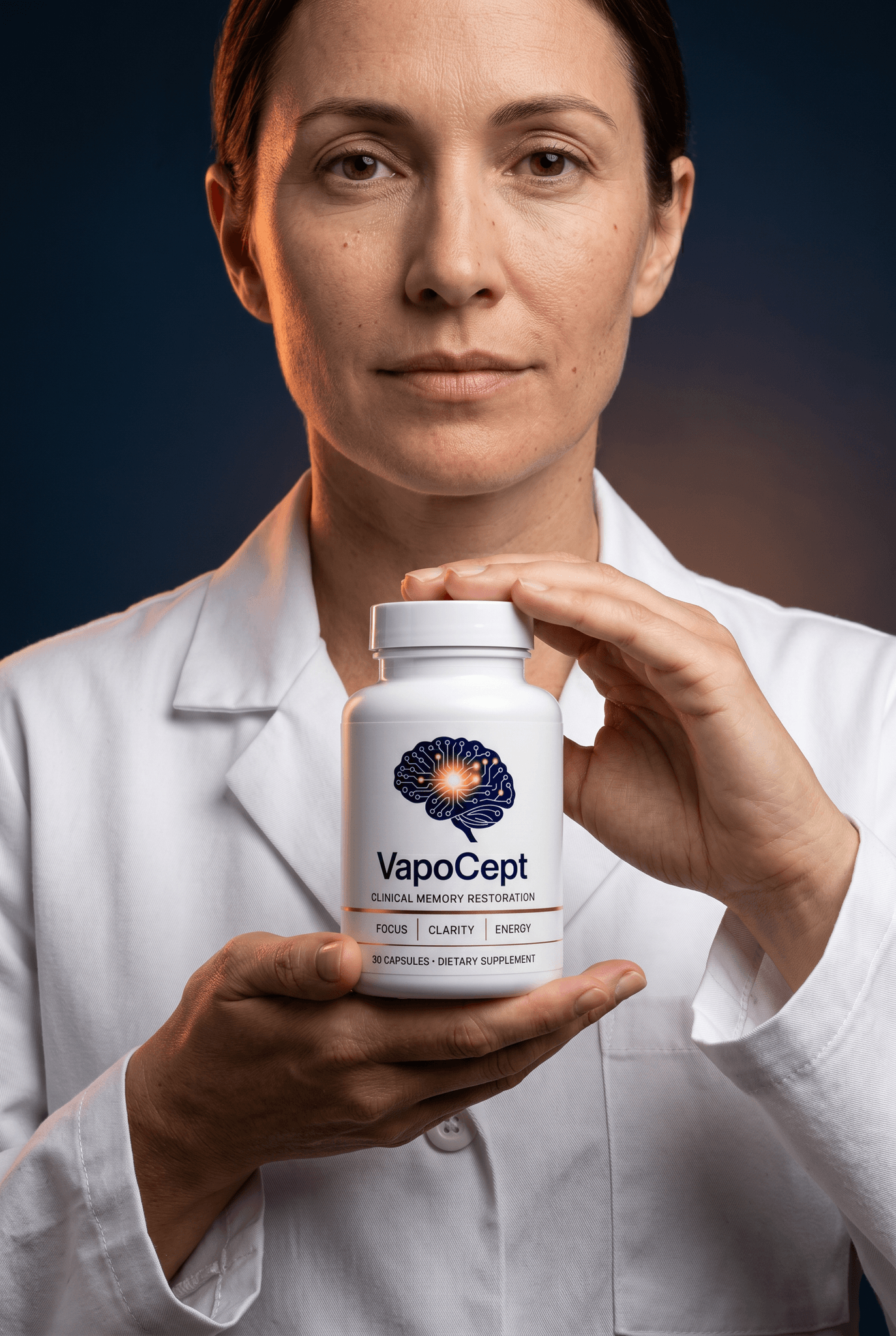 professional product photo of a white supplement bottle labeled VapoCept Clinical Memory Restoration
