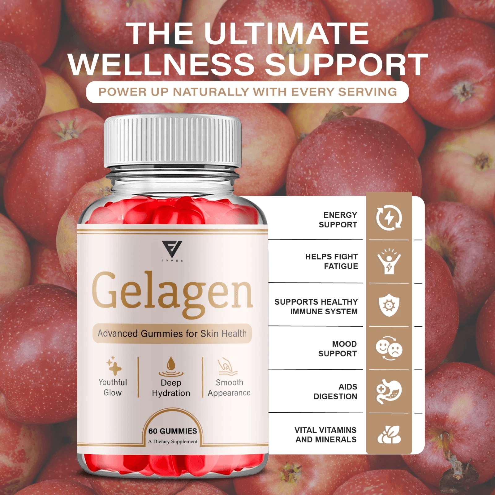 Gelagen supplement bottle standing beside its retail box packaging, cream and gold branding, studio 