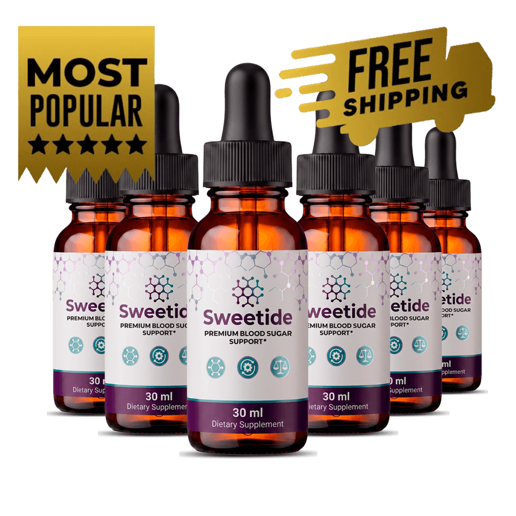 6 Sweetide amber glass dropper bottles arranged together with purple lavender labels blood sugar sup
