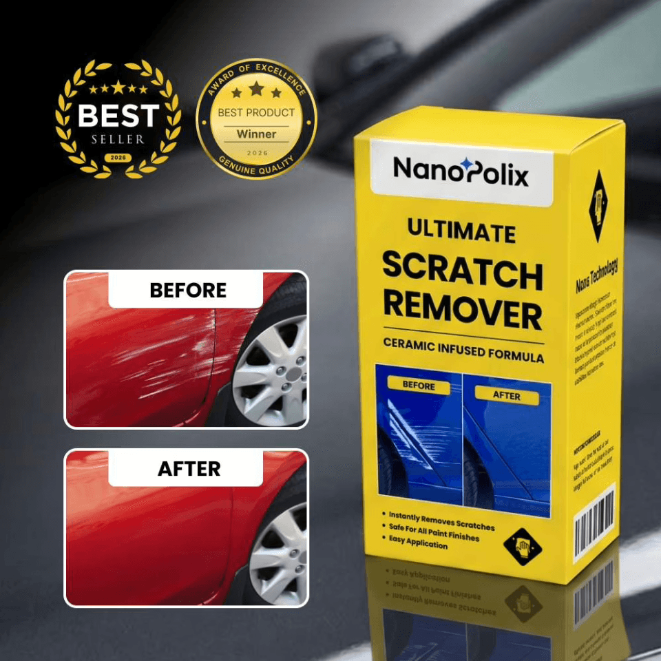 NanoPolix Ultimate Scratch Remover product box โ ceramic infused formula with before and after results shown
