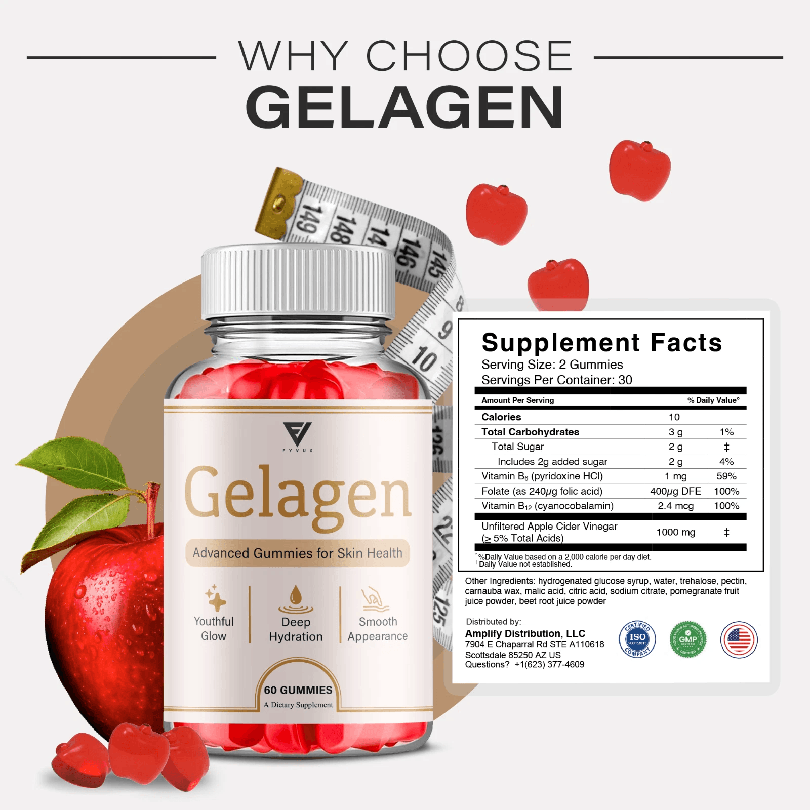 back of Gelagen supplement bottle showing Supplement Facts label, biotin vitamin A vitamin B12 panto