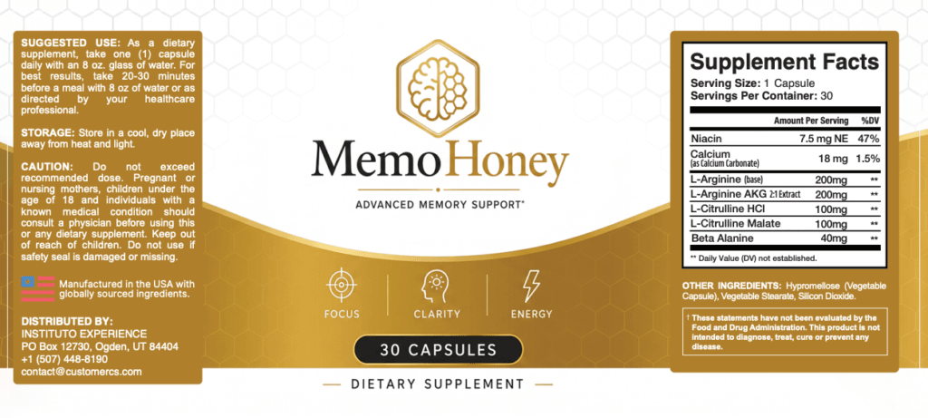 MemoHoney 6-ingredient formula diagram — L-Arginine, L-Citrulline HCl, L-Citrulline Malate, L-Arginine AKG, Beta-Alanine, Niacin (Vitamin B3)